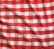 Red crumpled linen gingham picnic tablecloth