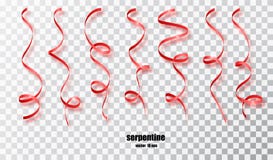 Red curly ribbon serpentine confetti. Red streamers set on transparent background. Colorful design decoration party