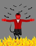 Red Devil in hell. Funny demon and bat. Satan with horns. royalty free illustration Red Devil in hell. Funny demon and bat. Satan with horns. royalty free illustration