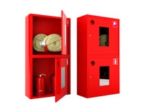 Red fire hose and fire extinguisher cabinets on white background Stock Image Red fire hose and fire extinguisher cabinets on white background Stock Image