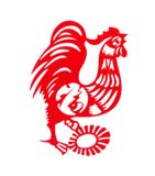 Red flat paper-cut on white as a symbol of Chinese New Year of the Rooster with Sun. 2017 royalty free illustration Red flat paper-cut on white as a symbol of Chinese New Year of the Rooster with Sun. 2017 royalty free illustration