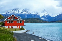 Red house on Pehoe lake in Torres del Paine Royalty Free Stock Images Red house on Pehoe lake in Torres del Paine Royalty Free Stock Images