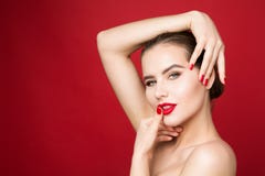 Red Lips and Nails, Woman Beauty Make Up, Red Lipstick and Polish, Beautiful Girl Face Makeup royalty free stock photos Red Lips and Nails, Woman Beauty Make Up, Red Lipstick and Polish, Beautiful Girl Face Makeup royalty free stock photos