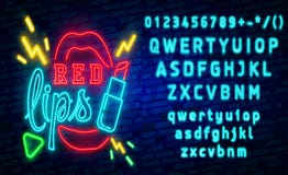 Red Lips Neon Sign, Set Fashion Neon Sign. Bright Signboard, Light Banner. Vector Icons Stock Images