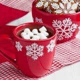 Red mugs with hot chocolate and marshmallows and gingerbread cookies