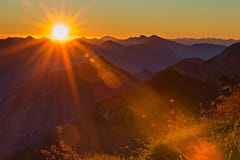 Red orange sunset with sunbeams to grass Royalty Free Stock Photos Red orange sunset with sunbeams to grass Royalty Free Stock Photos