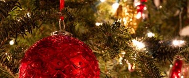 A red ball ornament hanging on a lit Christmas tree. stock images A red ball ornament hanging on a lit Christmas tree. stock images