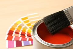 Red Paint Can, Brush And Color Palette On Table, Closeup. Space For Text Royalty Free Stock Photos