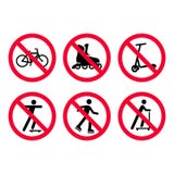 No bicycles, biking, no roller skating, no scooters prohibition signs set. stock illustration No bicycles, biking, no roller skating, no scooters prohibition signs set. stock illustration