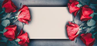 Red Roses Mock Up Banner On Gray Desktop Background, Top View. Layout For Valentines Day, Dating And Love Greeting Card Stock Photo Red Roses Mock Up Banner On Gray Desktop Background, Top View. Layout For Valentines Day, Dating And Love Greeting Card Stock Photo
