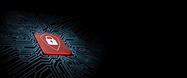 Red shield logo on microchip with glow circuit board background. Concept of business security. stock photo Red shield logo on microchip with glow circuit board background. Concept of business security. stock photo