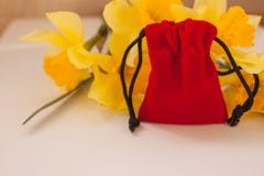 Red velvet pouch with yellow flowers on a white background, copy space stock image Red velvet pouch with yellow flowers on a white background, copy space stock image