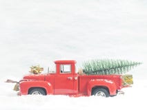 Red vintage truck with a Christmas tree stock photography Red vintage truck with a Christmas tree stock photography
