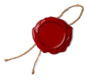 Red wax seal or stamp with rope or thread isolated