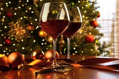 Red Wine On Table With Christmas Tree Royalty Free Stock Image Red Wine On Table With Christmas Tree Royalty Free Stock Image