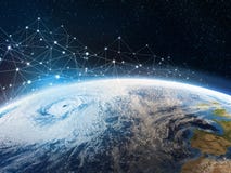 Rede de comunicação global através da terra do planeta Armazenamento dos dados no armazenamento da nuvem fotografia de stock Rede de comunicação global através da terra do planeta Armazenamento dos dados no armazenamento da nuvem fotografia de stock
