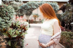 Redhead pregnant girl stroking her belly. On the background of the yard with plants. Summer stock photo Redhead pregnant girl stroking her belly. On the background of the yard with plants. Summer stock photo