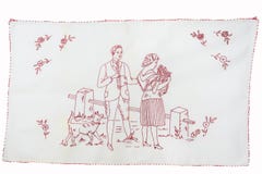 Redwork embroidery with a woman, a man and a dog. stock photos Redwork embroidery with a woman, a man and a dog. stock photos
