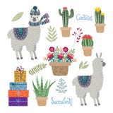Reeks geïsoleerde Leuke lama's met bloemen, cactussen en succulents op een witte achtergrond royalty-vrije illustratie Reeks geïsoleerde Leuke lama's met bloemen, cactussen en succulents op een witte achtergrond royalty-vrije illustratie