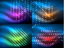Reeks gloeiende neonlijnen en vormen op donkere, glanzende motie, magisch ruimtelicht Vectortechno abstracte achtergronden stock illustratie Reeks gloeiende neonlijnen en vormen op donkere, glanzende motie, magisch ruimtelicht Vectortechno abstracte achtergronden stock illustratie