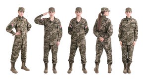 Reeks met vrouwelijke militair op witte achtergrond stock afbeelding Reeks met vrouwelijke militair op witte achtergrond stock afbeelding