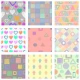 Reeks naadloze vector geometrische patronen met verschillende geometrische cijfers, vormen pastelkleur eindeloze achtergrond met stock illustratie Reeks naadloze vector geometrische patronen met verschillende geometrische cijfers, vormen pastelkleur eindeloze achtergrond met stock illustratie