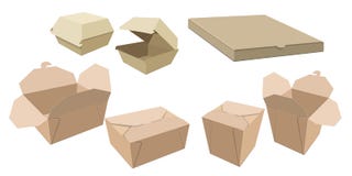 Reeks van verschillende karton verpakking voor snel voedsel stock illustratie Reeks van verschillende karton verpakking voor snel voedsel stock illustratie