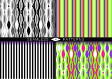 Reeks vector naadloze patronen Eindeloze texturen in zwart-wit plastic roze groen UFO en proton purpere kleuren stock illustratie Reeks vector naadloze patronen Eindeloze texturen in zwart-wit plastic roze groen UFO en proton purpere kleuren stock illustratie