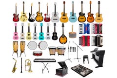 Reeks verschillende muzikale die instrumenten op witte achtergrond wordt geïsoleerd stock afbeelding Reeks verschillende muzikale die instrumenten op witte achtergrond wordt geïsoleerd stock afbeelding