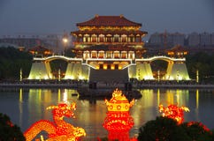 Reflection Of The Tang Paradise Center At Night, Xi An, China Royalty Free Stock Photography