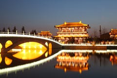 Reflection Of The Tang Paradise Center At Night, Xi An, China Royalty Free Stock Photo
