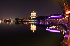 Reflection Of The Tang Paradise Center At Night, Xi An, China Stock Image