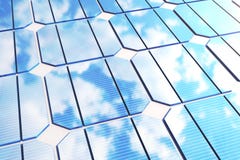 reflexão da ilustração 3D das nuvens nas pilhas fotovoltaicos Painéis solares azuis na grama Alternativa do conceito ilustração stock reflexão da ilustração 3D das nuvens nas pilhas fotovoltaicos Painéis solares azuis na grama Alternativa do conceito ilustração stock