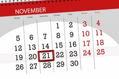 Registi il pianificatore per il mese, il giorno di termine della settimana 2018 novembre, 21, mercoledì immagine stock Registi il pianificatore per il mese, il giorno di termine della settimana 2018 novembre, 21, mercoledì immagine stock