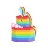Regnbåge och Unicorn Gay Pride Color Cake dekorerad stor partiefterrätt för specialt tillfälle för att gifta sig eller födelsedag vektor illustrationer Regnbåge och Unicorn Gay Pride Color Cake dekorerad stor partiefterrätt för specialt tillfälle för att gifta sig eller födelsedag vektor illustrationer