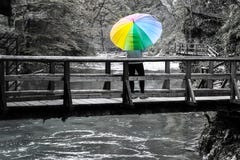Reife Frauenstellung auf einer Holzbrücke über Fluss mit buntem Regenschirm an einem sonnigen Herbsttag stockfotografie Reife Frauenstellung auf einer Holzbrücke über Fluss mit buntem Regenschirm an einem sonnigen Herbsttag stockfotografie