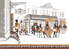 Reihe Straßencafés in der Stadt mit Leuten vektor abbildung Reihe Straßencafés in der Stadt mit Leuten vektor abbildung
