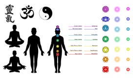 Reiki, chakras, símbolos da ioga ilustração royalty free Reiki, chakras, símbolos da ioga ilustração royalty free