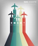 Reis infographic malplaatje met kleurrijke vliegtuigen Vlak Ontwerp Vector stock illustratie Reis infographic malplaatje met kleurrijke vliegtuigen Vlak Ontwerp Vector stock illustratie