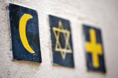 Religious symbols: islamic crescent, jewish David's star, christian cross