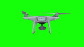 Remote control air drone drone flying with action camera. Isolated on green screen background