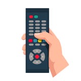 Remote control holding in hand isolated on white background. Wireless television control. Social media. Rest at home. vector illustration Remote control holding in hand isolated on white background. Wireless television control. Social media. Rest at home. vector illustration