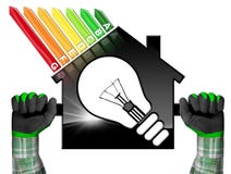 Rendimiento energético - House modelo y bombilla ilustración del vector Rendimiento energético - House modelo y bombilla ilustración del vector