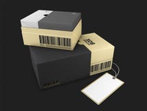 rendição 3d da caixa negra Opened e do modelo dourados da etiqueta, ilustração stock rendição 3d da caixa negra Opened e do modelo dourados da etiqueta, ilustração stock
