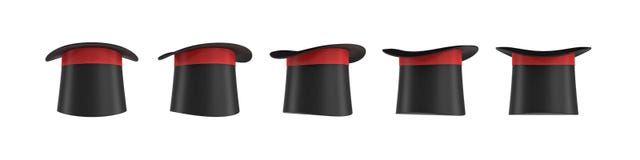 rendu 3d d'un ensemble de plusieurs chapeaux noirs du ` s de magicien avec une rayure rouge dans différentes vues de côté illustration stock rendu 3d d'un ensemble de plusieurs chapeaux noirs du ` s de magicien avec une rayure rouge dans différentes vues de côté illustration stock