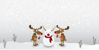 Renne de bande dessinée de caractère mignon sur le fond de bonhomme de neige d'hiver Carte de voeux pour le Joyeux Noël illustration libre de droits Renne de bande dessinée de caractère mignon sur le fond de bonhomme de neige d'hiver Carte de voeux pour le Joyeux Noël illustration libre de droits