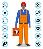 Repair service concept. Detailed illustration of master repairer in flat style. Simple icons set: wrench, screwdriver Stock Photography Repair service concept. Detailed illustration of master repairer in flat style. Simple icons set: wrench, screwdriver Stock Photography