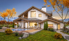 representación 3d de la casa moderna en otoño de la tarde foto de archivo libre de regalías representación 3d de la casa moderna en otoño de la tarde foto de archivo libre de regalías