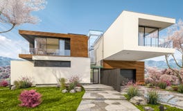 representación 3d de la casa moderna por el río en primavera fotos de archivo representación 3d de la casa moderna por el río en primavera fotos de archivo