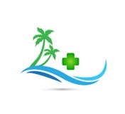 Resa lopp, design för logo för vektor för palmträd för kokosnöt för sommar för ferie för turism för hotell för våg för strandlogo royaltyfri illustrationer Resa lopp, design för logo för vektor för palmträd för kokosnöt för sommar för ferie för turism för hotell för våg för strandlogo royaltyfri illustrationer
